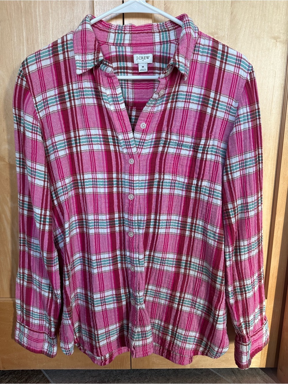 J. Crew Pink Plaid Double Gauze Button-Down Shirt with White and Green Accents